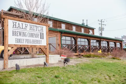 Half Hitch Brewing building and sign in Cochrane
