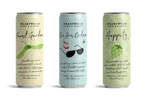 Cans of Heartwood's three hard ciders