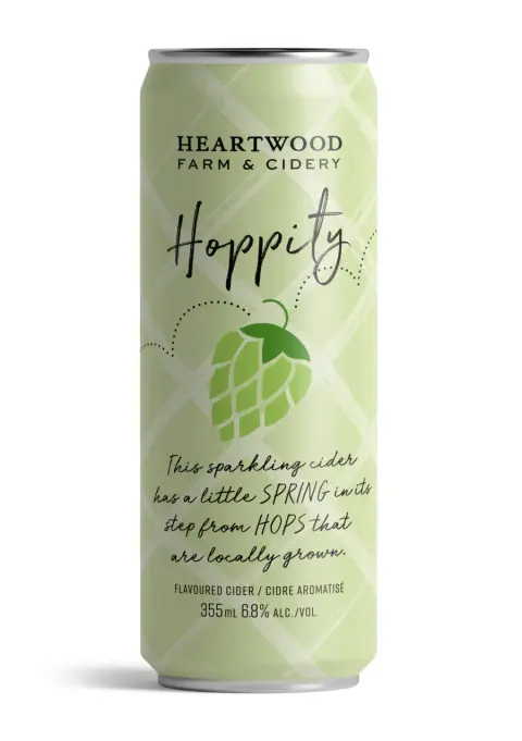 A can of Heartwood Hoppity dry-hopped cider