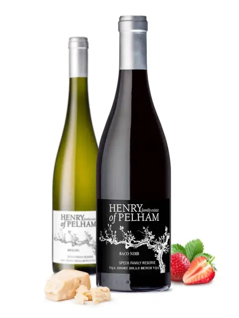 Two Henry of Pelham Speck Family Reserve VQA bottles, a Riesling and a Baco Noir