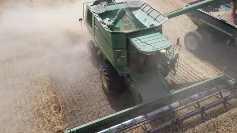 A combine harvesting grain on the family farm near Winkler, Manitoba