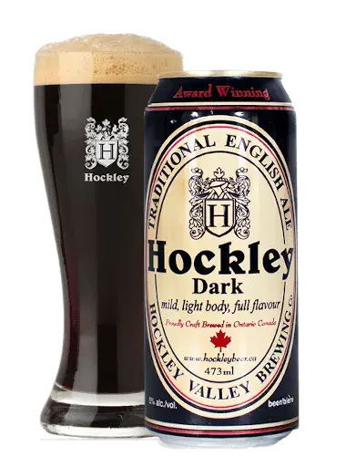 Can of Hockley Dark beside a poured glass
