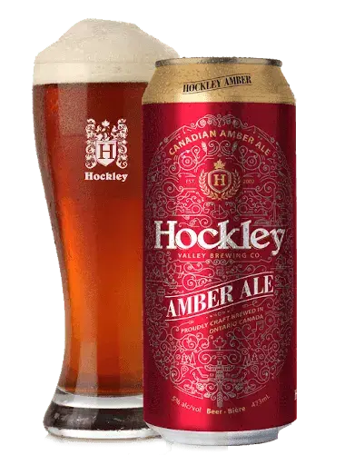 Can of Hockley Amber Ale beside a poured glass