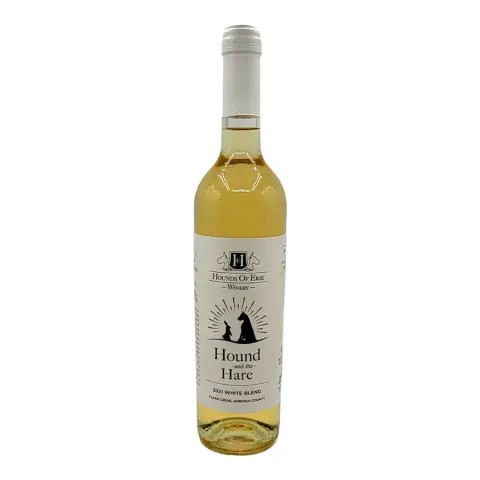 bottle of hound and hare wine showing great dane and rabbit staring at each other
