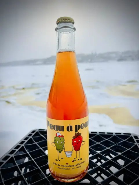 A bottle of Ibride Peau à Peau skin-contact cider on a crate by a frozen river