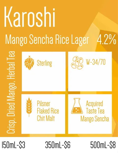 Karoshi mango sencha rice lager beer board