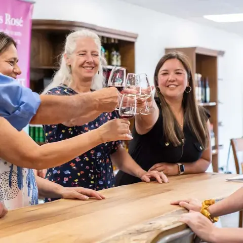 3 women giving cheers with wine glasses