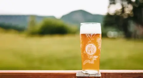 A glass of La Chasse-Pinte beer above the fjord valley