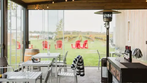 Leaning Post's covered patio looking out over red Muskoka chairs and vine rows