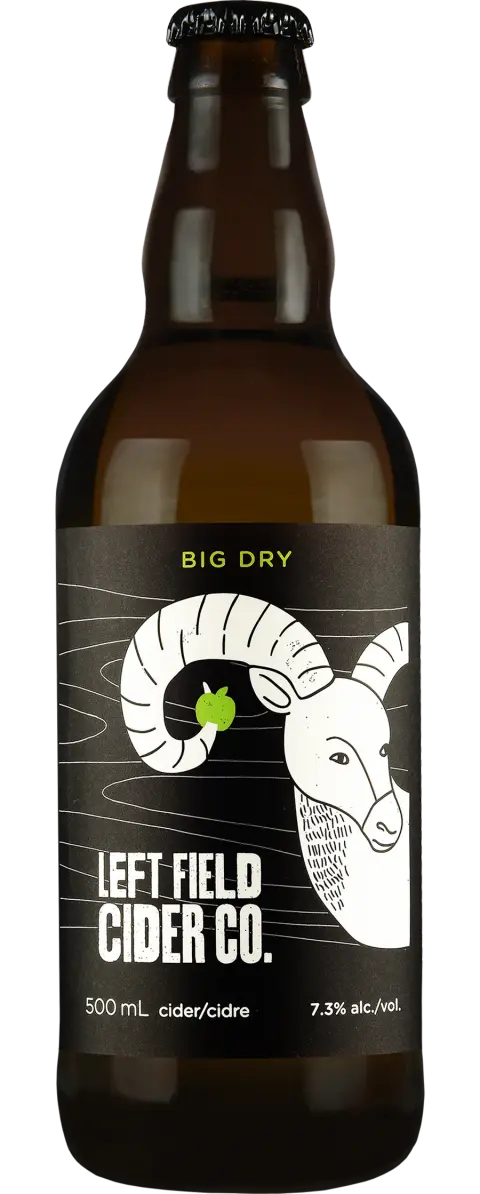 A bottle of Left Field Big Dry cider
