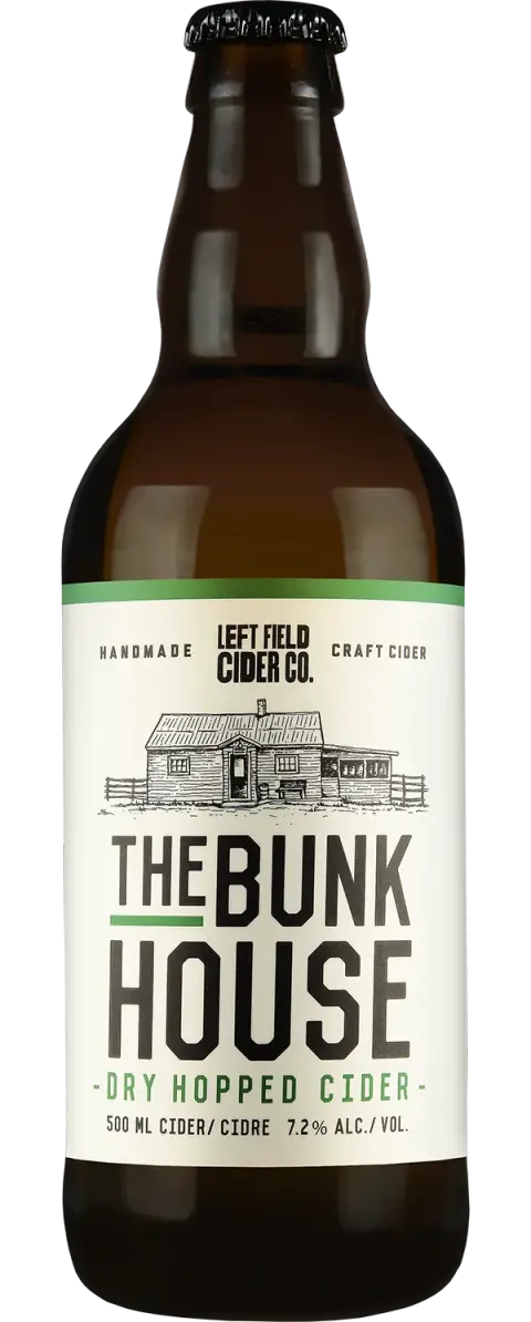 A bottle of Left Field Bunkhouse dry-hopped cider
