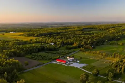Aerial view of the Livingstone farm and red barn brewery on Covey Hill