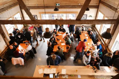 The timber-frame barn taproom at Livingstone Brewing