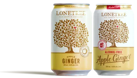 Cans of Lonetree Apple Ginger Cider, regular and alcohol-free
