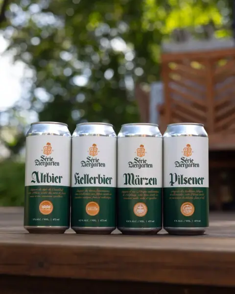 Four cans of 5e Baron's Série Biergarten: Altbier, Kellerbier, Märzen and Pilsener