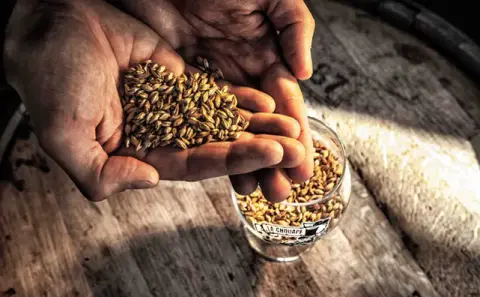 Malted grain poured into a glass at La Chouape