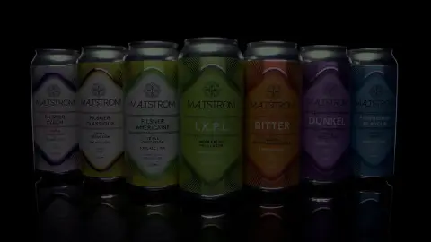 A row of Maltstrom lager cans