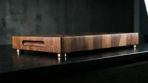 End grain walnut serving board with brass bun feet, hand-finished