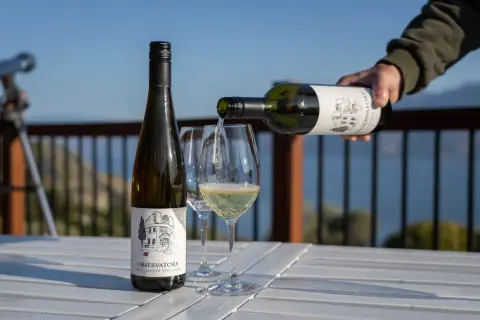 Pouring Grüner Veltliner on the Observatory Wines patio