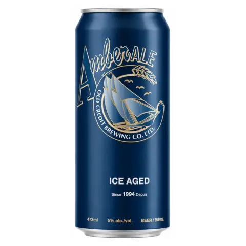 A 473 mL can of Old Credit Amber Ale