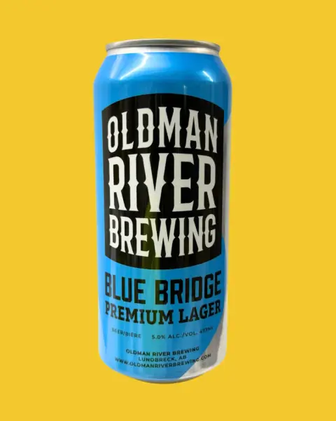 A can of Oldman River Blue Bridge Premium Lager