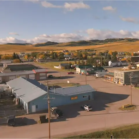 Lundbreck and the foothills around Oldman River Brewing from above