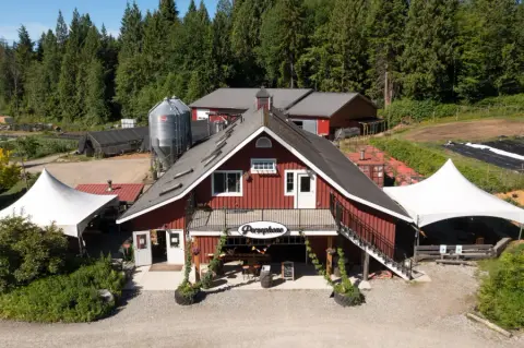 Aerial view of the Persephone beer farm in Gibsons