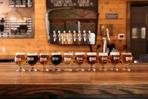 A row of tasting glasses on the bar