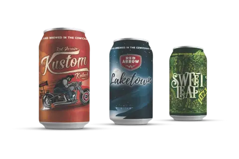 Red Arrow core beer cans including Kustom Kolsch, Laketown Lager and Sweet Leaf IPA