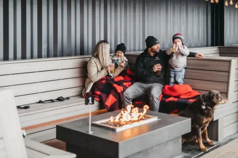 Outdoor fire pits on the Red Bird Brewing patio