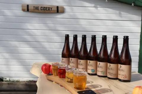 A row of Rose Hill cider bottles and a tasting flight outside the cidery