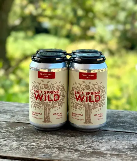 A four-pack of Salt Spring Wild Traditional Dry Cider cans