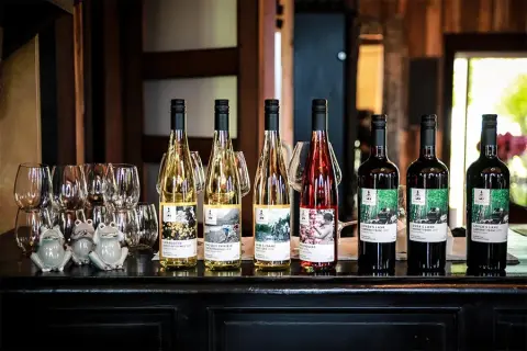 A line of Seaside Pearl wine bottles