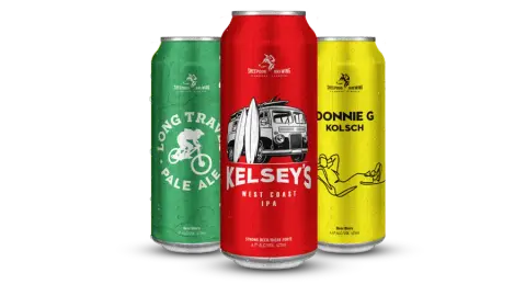 Long Travel Pale Ale, Kelsey's West Coast IPA and Donnie G Kolsch cans
