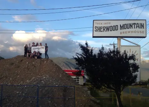 The Sherwood Mountain Brewhouse sign on Highway 16 in Terrace