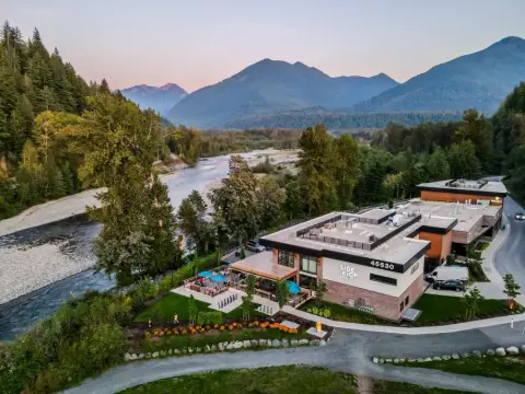 Sidekick Brewing on the Vedder River below the mountains in Chilliwack