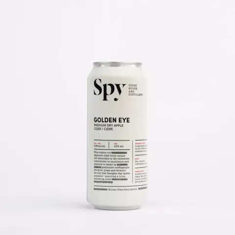 A white can of Spy Golden Eye premium dry apple cider