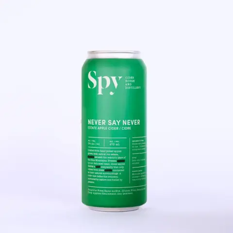 A green can of Spy Never Say Never estate apple cider