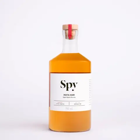 A corked bottle of Mata Hari aged apple brandy