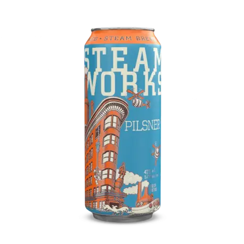 A 473 ml can of Steamworks Pilsner