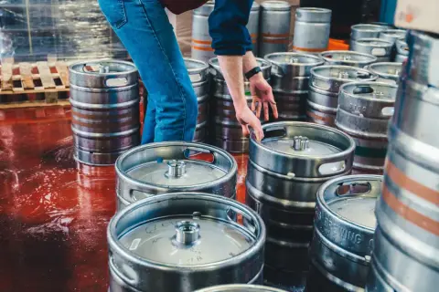Kegs on the floor of the Steamworks brewery in Burnaby