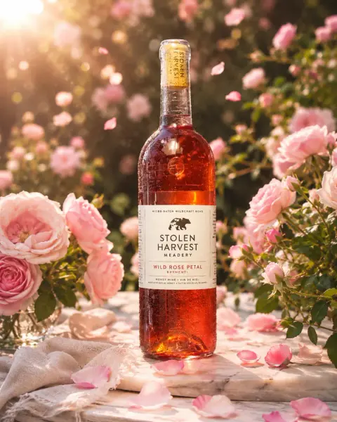 Bottle of Stolen Harvest Wild Rose Petal mead