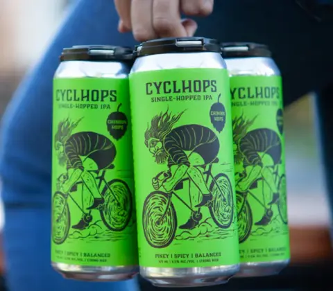 A four-pack of Strange Fellows Cyclhops single-hopped IPA cans