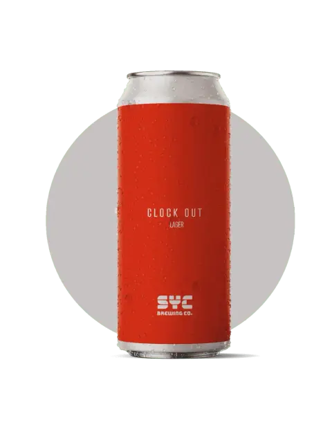 A can of SYC Brewing Clock Out lager
