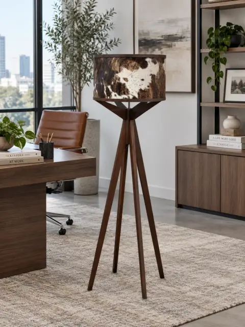 Longhorn Floor Lamp with Chocolate Brown & Black Brindle Cowhide Shade