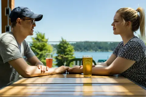 Pints on the Tapworks patio overlooking Howe Sound