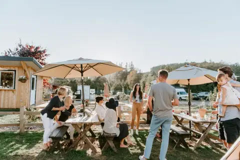 Picnic tables and umbrellas outside the Brickers taproom in West Sechelt