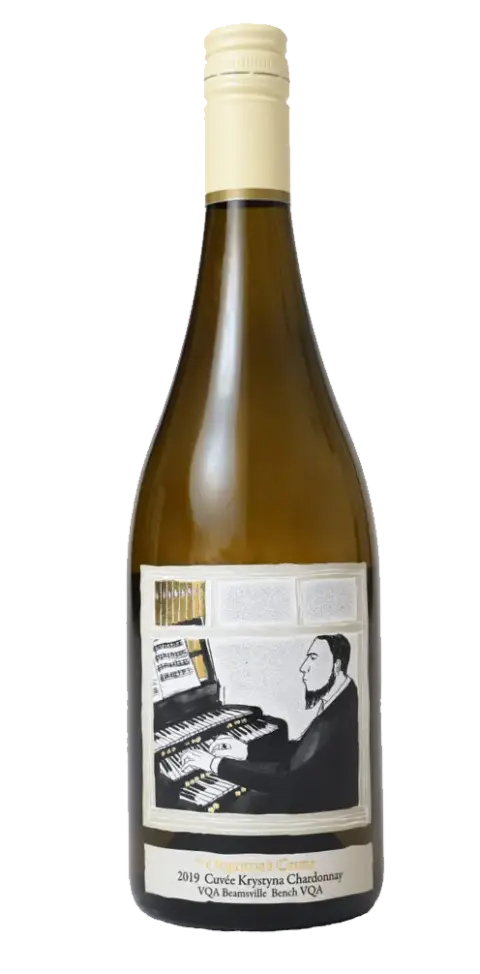 Bottle of The Organized Crime Winery Cuvée Krystyna Chardonnay, VQA Beamsville Bench, with its pipe-organ label