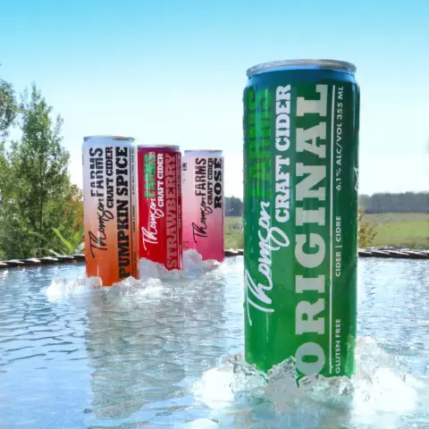 Cans of Thomson Farms Original, Pumpkin Spice, Strawberry and Rosé craft cider on ice