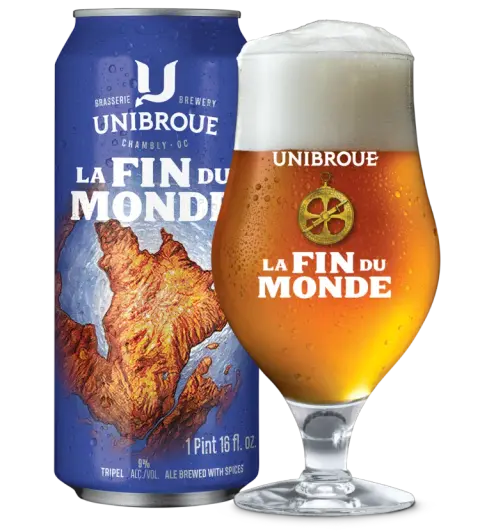 A 16 oz can of Unibroue La Fin du Monde beside a filled tulip glass